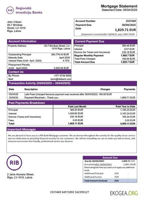 Modèle Word et PDF de relevé hypothécaire de la Lettonie RIB Bank